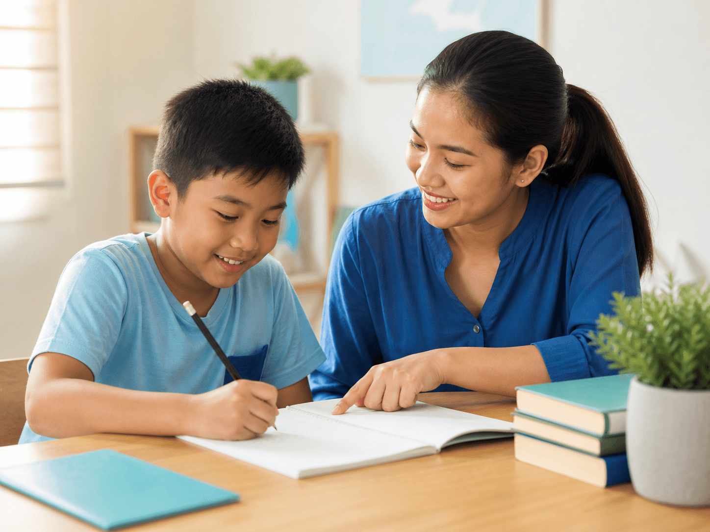 Isang tutor na gumagabay sa batang mag-aaral sa kaniyang workbook